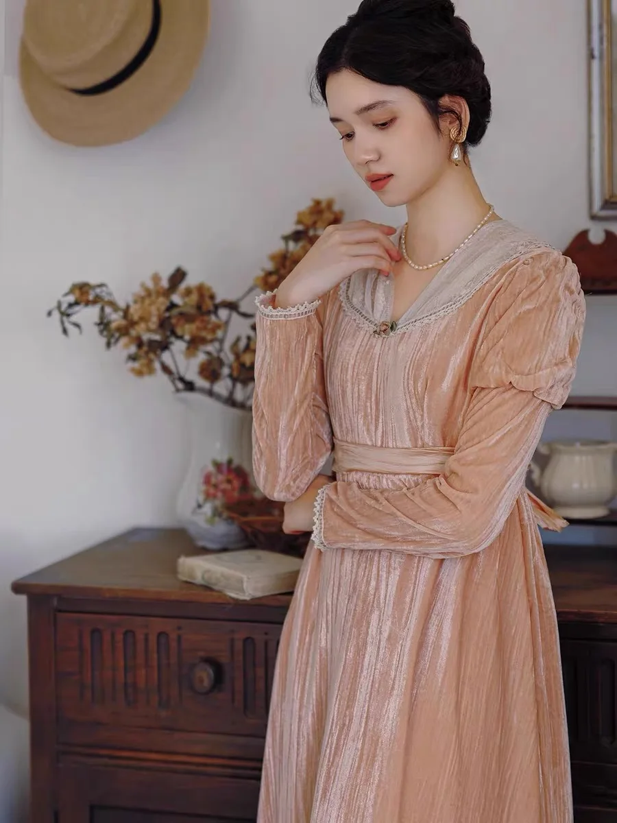 84-96cm Bust Spring Autumn Women Romantic Prairie Style Lace Patchwork Floral Embroidered Velvet Pink Dresses