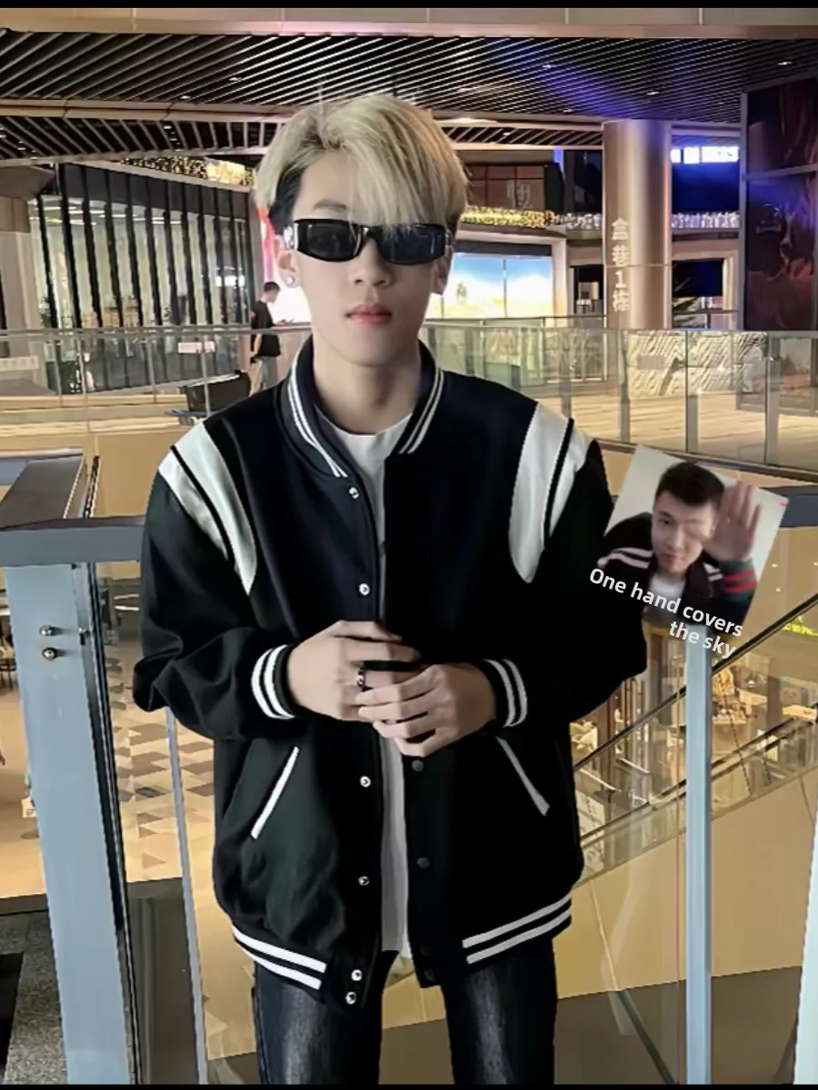 

Bla American Retro College Sle Splicing Baseball Jaet Men's Early Spring Loose Thin Open Cardigan Outerwear Top