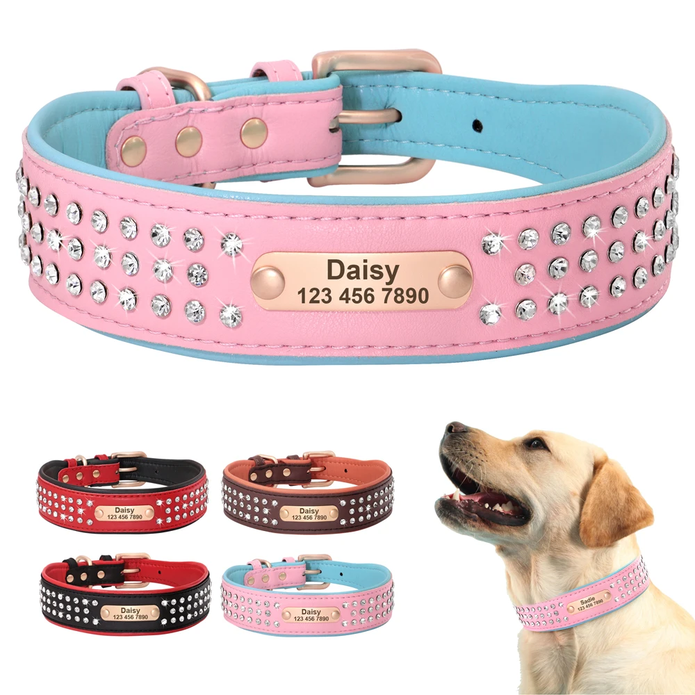 

Personalized Crystal Leather Dog Collar Custom Rhinestone Dog Collars With Buckle Free Engraved ID Collar For Medium Large Dogs