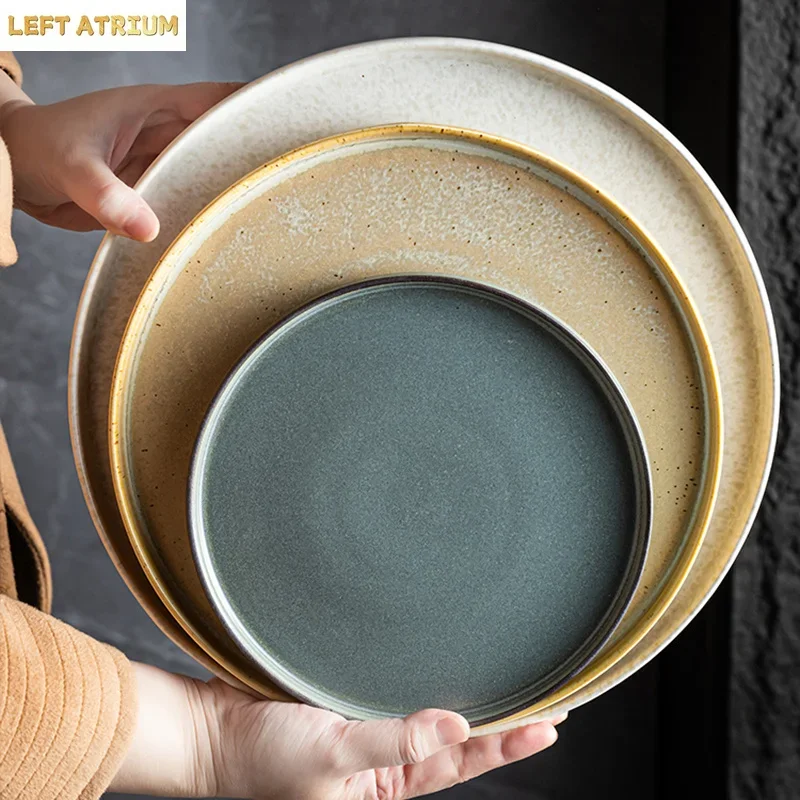Kiln Changes Ceramic Steak Plate Vintage Round Cake Plate Dessert Pasta Plate Salad Plates Serving Plates Restaurant Tableware 2