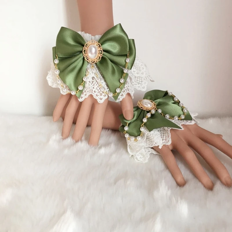 Japanese Sweet Hand Wrist Cuffs Double Layer Floral Lace Bowknot Bracelet Wristband Imitation Pearl Chain Jewelry Maid