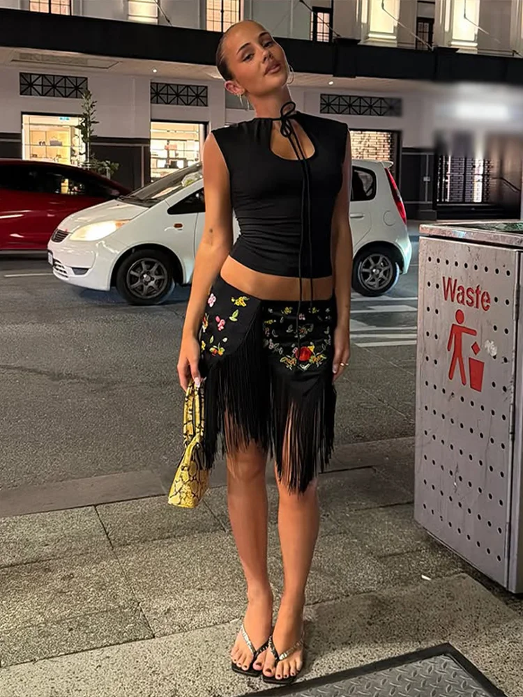 Asymmetrischer Kurzrock mit Stickerei und Quasten für Damen, Sexy Midi-Taille, Unregelmäßiger Saum, Paneel-Design, Schlanke Mini-Röcke, Charmante Partykleidung für Damen – Detail 9