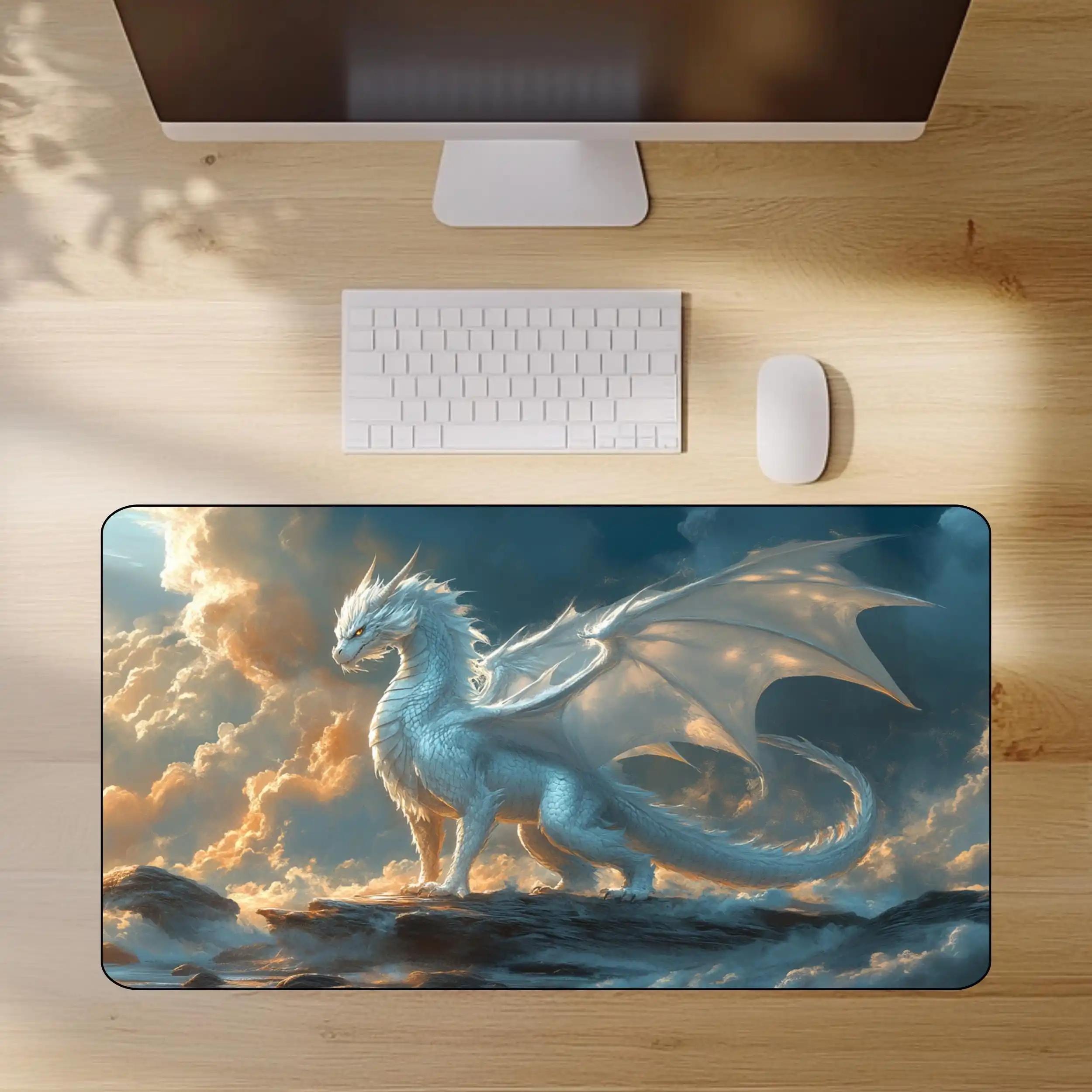Majestic White Dragons on Rocks,Clouds Floating in The Sky,Magical Dragon-shaped Table Pads,Medieval Office Decoration Mouse Pad