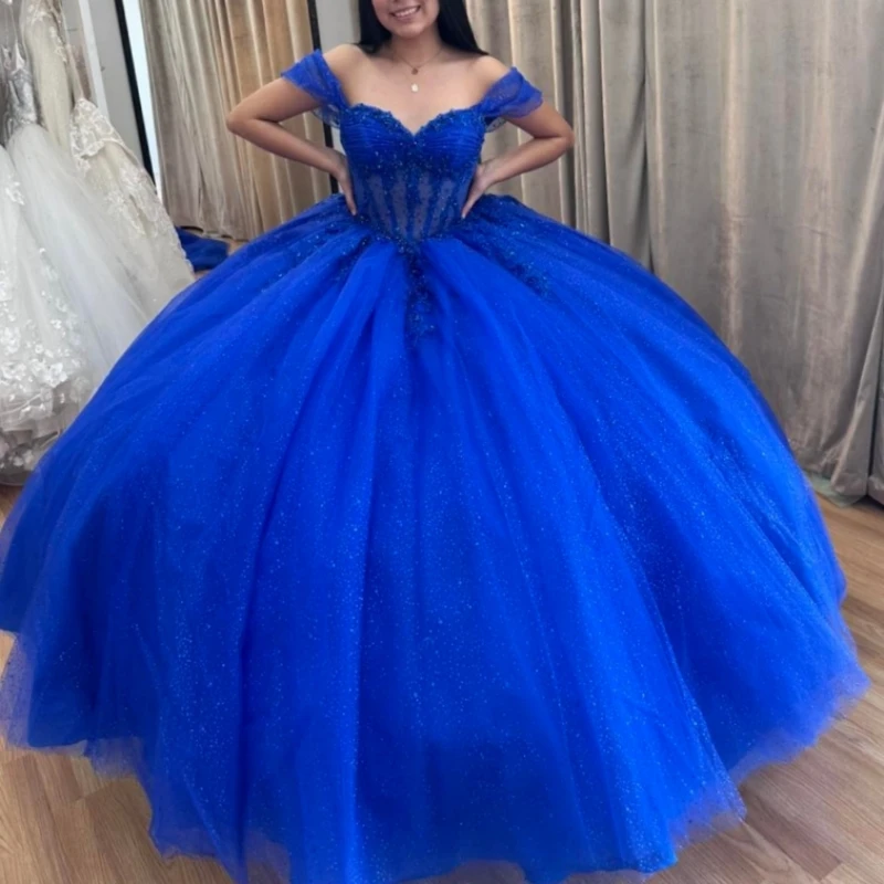 

Royal Blue Shiny Ball Gown Quinceanera Dresses Off The Shoulder Applique Lace Beading Crystal Tiered Tull Party Birthday Sweet