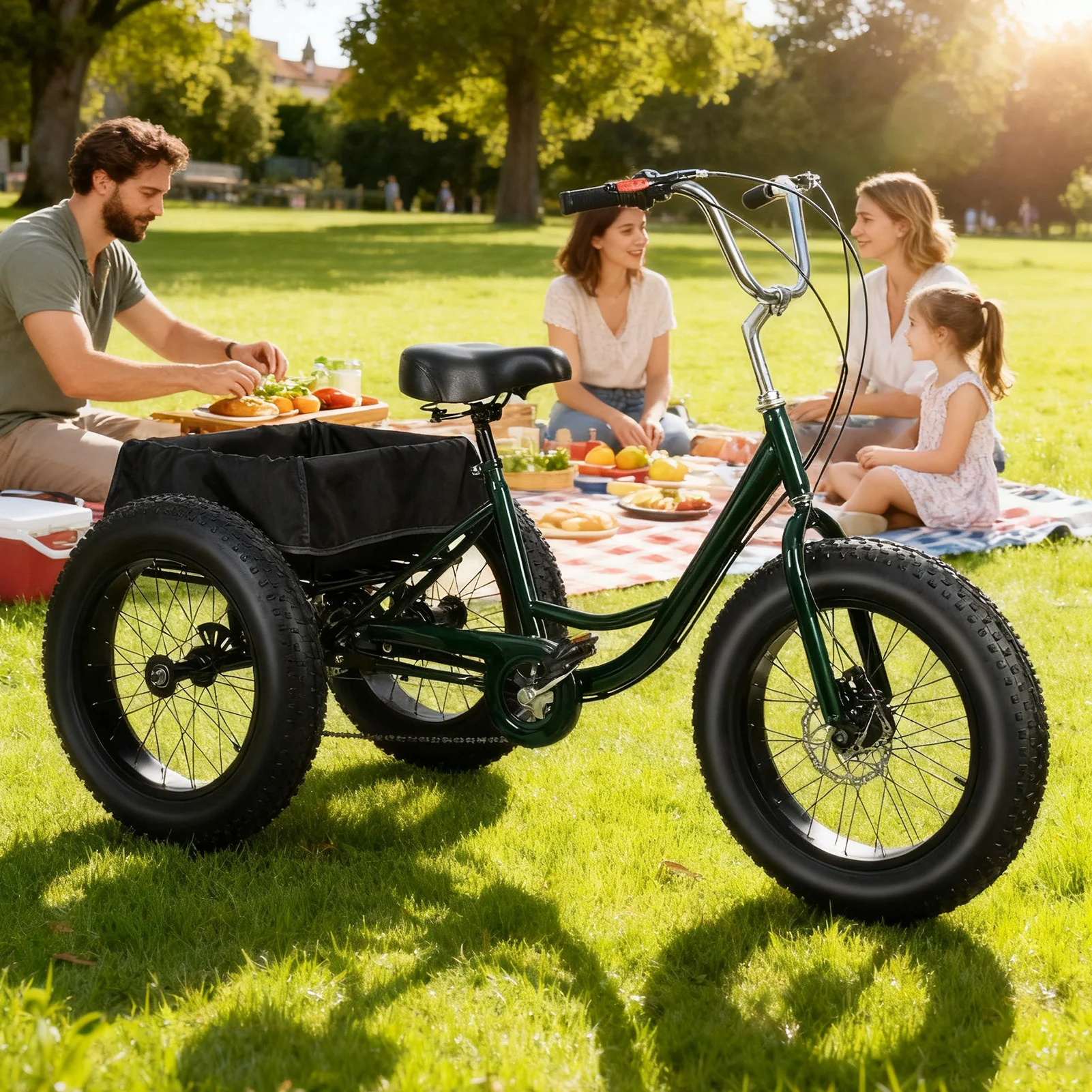 

(Неэлектрический) Черный 20-дюймовый трехколесный велосипед, трехколесный велосипед со снежными шинами, оснащенный двойными дисковыми тормозами, широкой открытой корзиной для покупок.