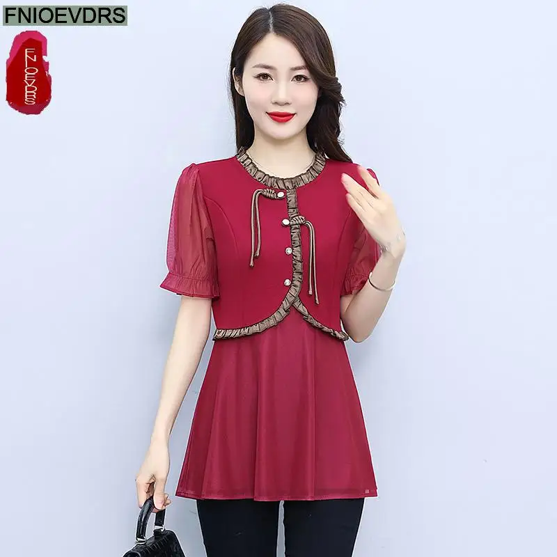 L-5XL Loose Clothes 2024 Summer Retro Button Tops Short Sleeve Women Tunic Office Lady Patchwork Ruffles Peplum Shirts Blouses