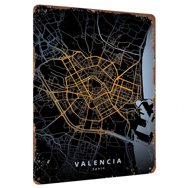 Valencia Spain City Map Metal Wall Art Modern Urban Decorative Iron Painting for Home Office Decoration