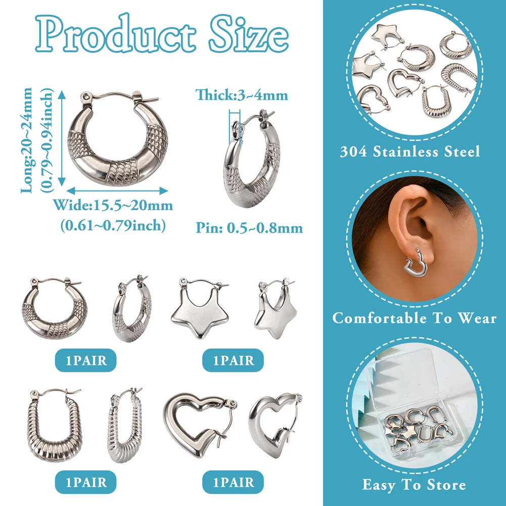 4 Pairs 304 Stainless Steel Hoop Earrings Star Rectangle Heart Croissant Earrings For Women Jewelry Gifts