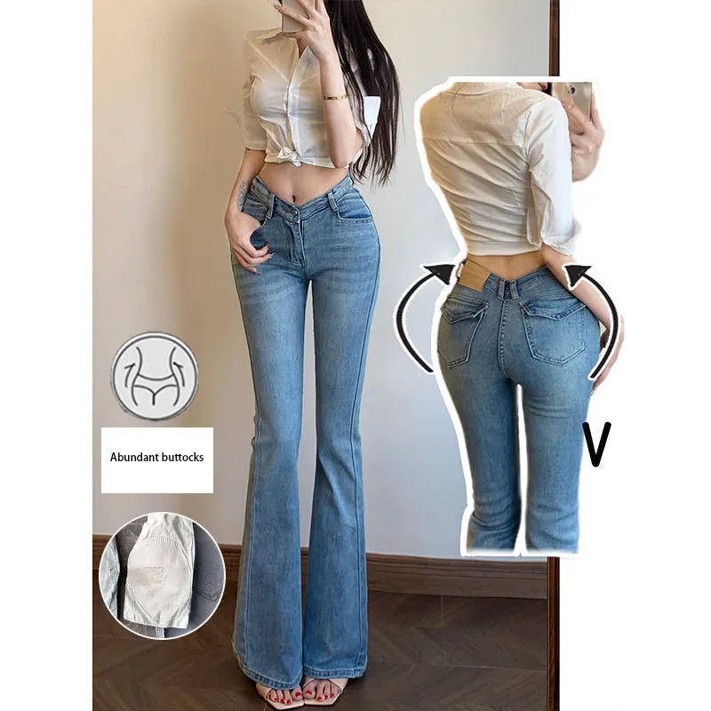 

Rich crotch light colored spicy girl V waist slightly flared jeans for women 2025 summer new low waist slimming leg long lifting