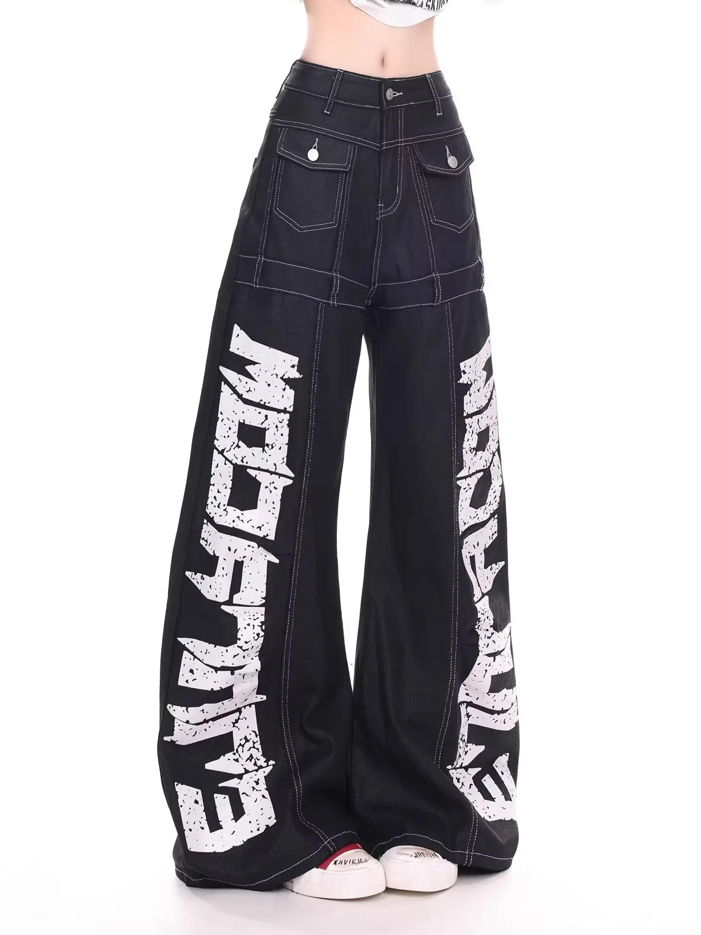 Y2K Punk Wide Leg Jeans for Women Vintage Distressed Letter Print Baggy Denim Pants High Waist Streetwear Hip Hop Loose Trousers