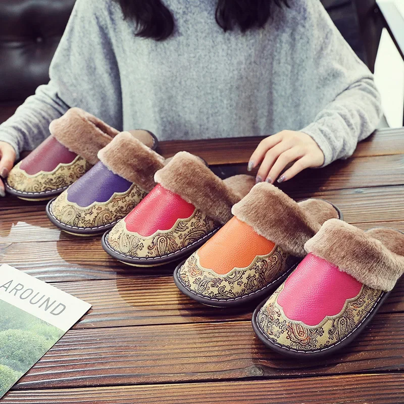 Waterproof Home Slippers Women Men Winter Warm Flat House Shoes Man Soft Comfort Female Shoes Leather Indoor Slippers