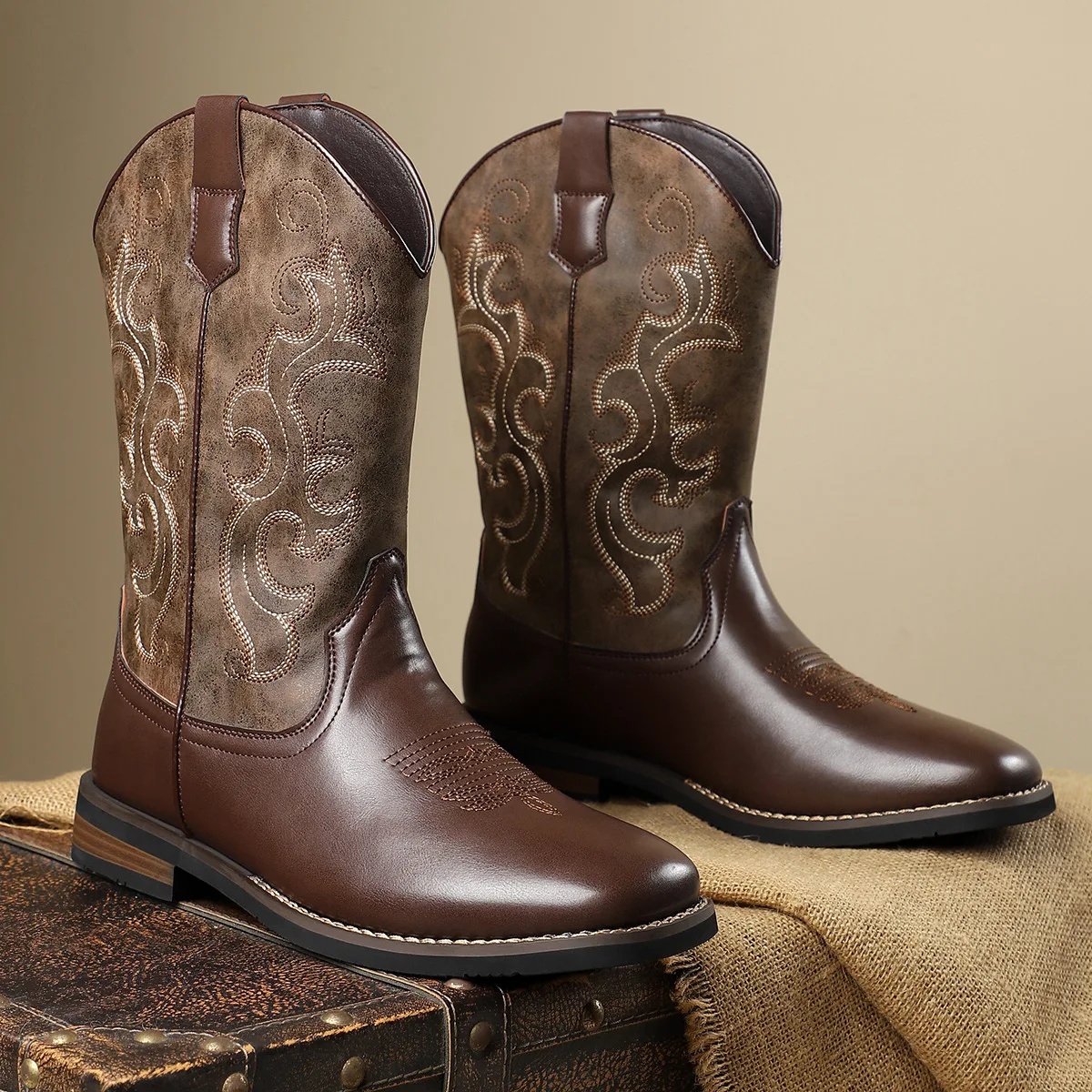 Primavera autunno retrò stivali alti ricamati all'aperto Western Cowboy Knight stivali da uomo cuciti intagliati impiombati scarpe di grandi dimensioni 39-48