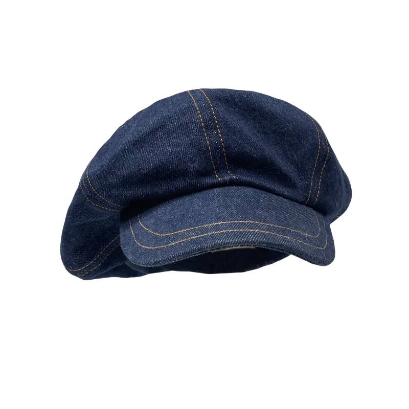 Cowboy beret retro octagon spring head around blue painter hat to show face small sun block short eave for men and women