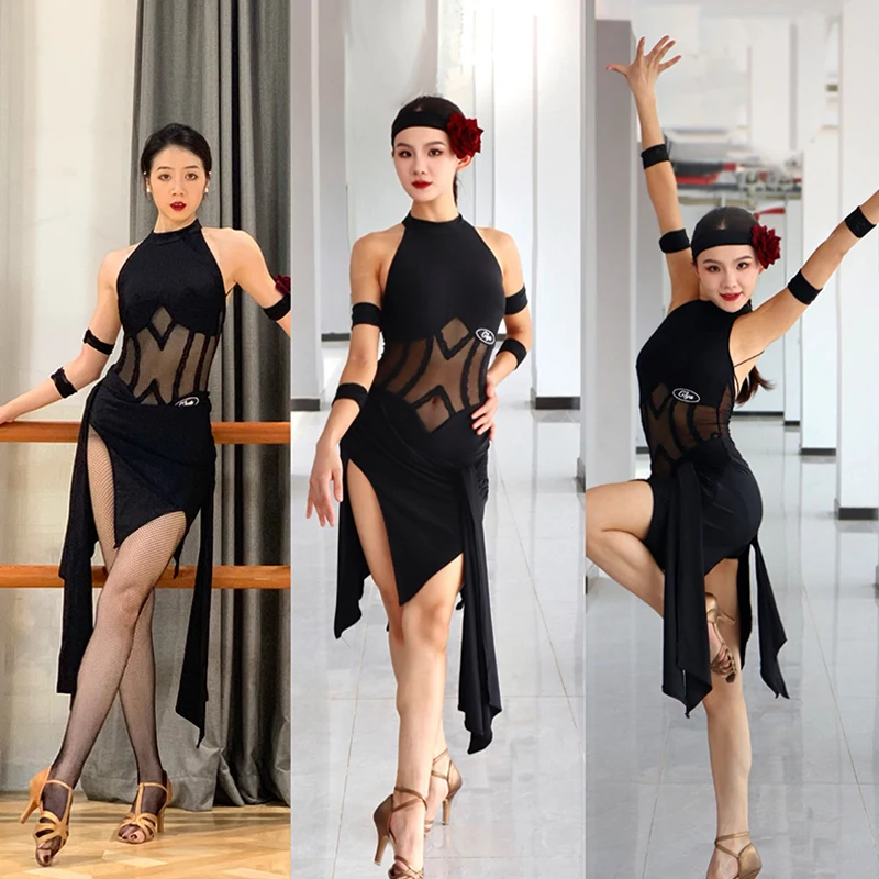 

Sexy Latin Dance Dress Women Backless Tops Split Skirt Performance Suit Cha Cha Rumba Costume Latin Competition Dress DNV18480