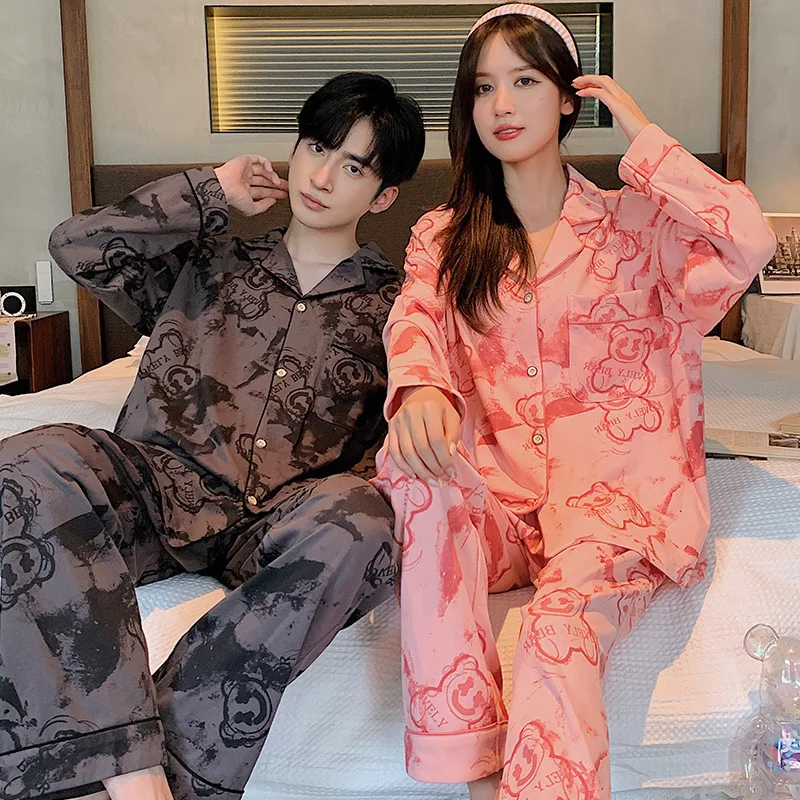 

Youth Couple's Pajamas Spring Cotton Cartoon Cute Men and Women Matching Lounge Wear Lapel Sweet Print Pjs pijama mujer hombre