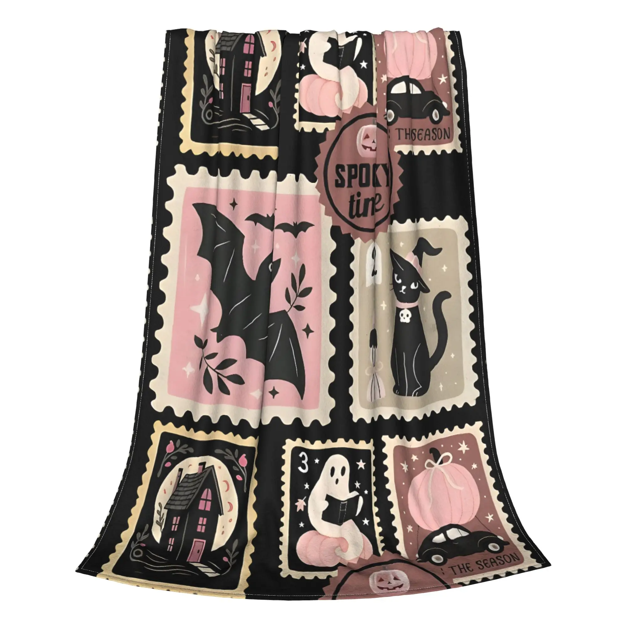 1PC Pink Aesthetic Halloween Postal Stamps Blanket Throw Blanket  Novelty Warm Blanket All Season Gift
