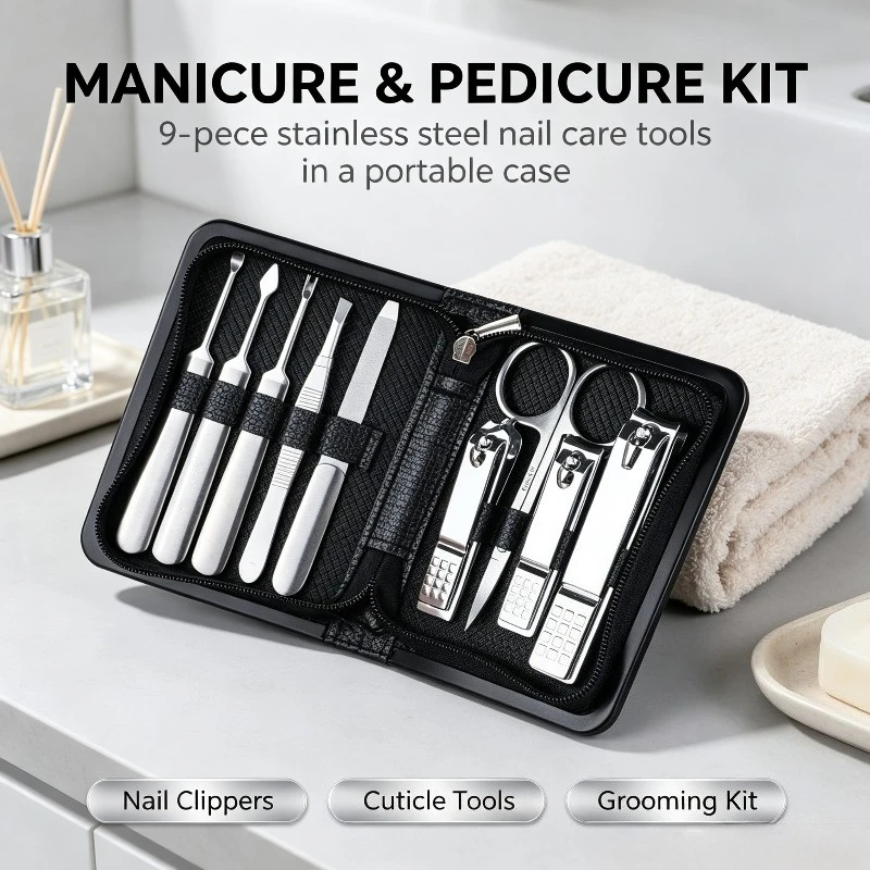 9PCS Stainless Steel Manicure Pedicure Set Nail Clipper Cuticle Scissors Kit with Pouch for Travel Professional Tool Men Women