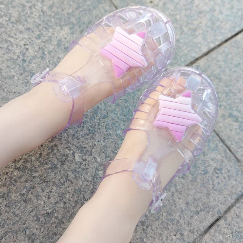 Summer Kids Colorful Star Jelly Clog Shoes Children Soft-Soled Roman Closed-Toe Sandals Girls Hollow-Out Everyday Casual Sandals