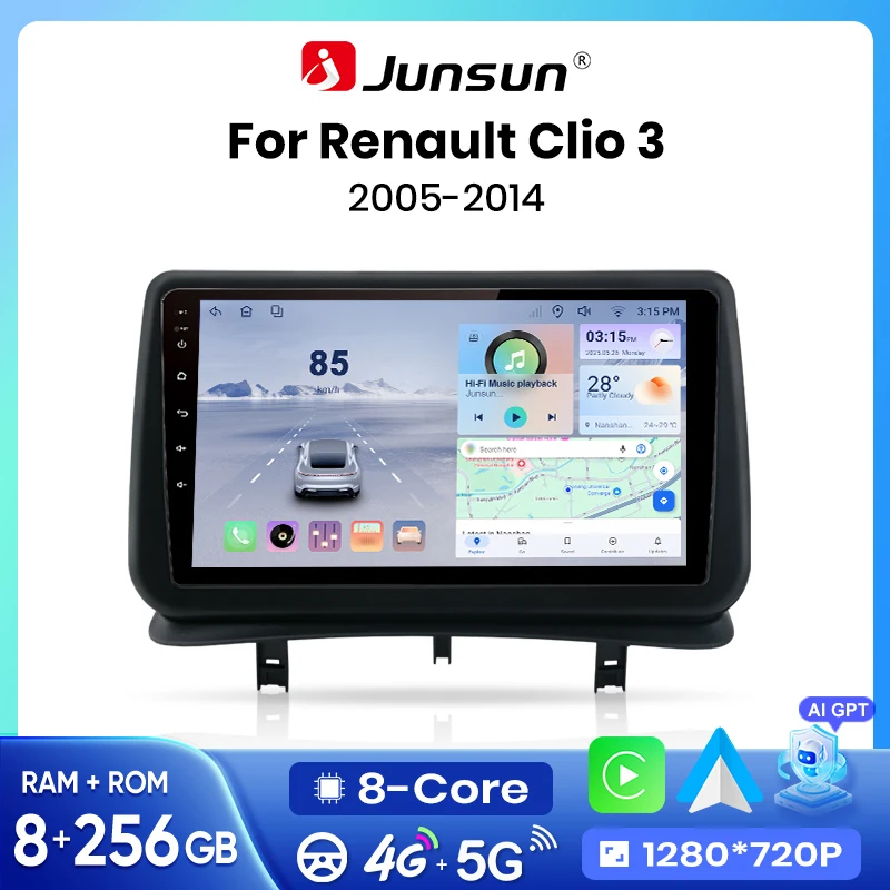 Autoradio Junsun Wireless CarPlay Android Auto pour Renault Clio 3 2005 2006 2007 2008 2009-2014 2 DIN avec ventilateur de refroidissement intégré, systèmes intelligents, écran tactile, lecteur vidéo, unité centrale stéréo, navigation Bluetooth GPS 4G WIFI RDS FM SWC DSP