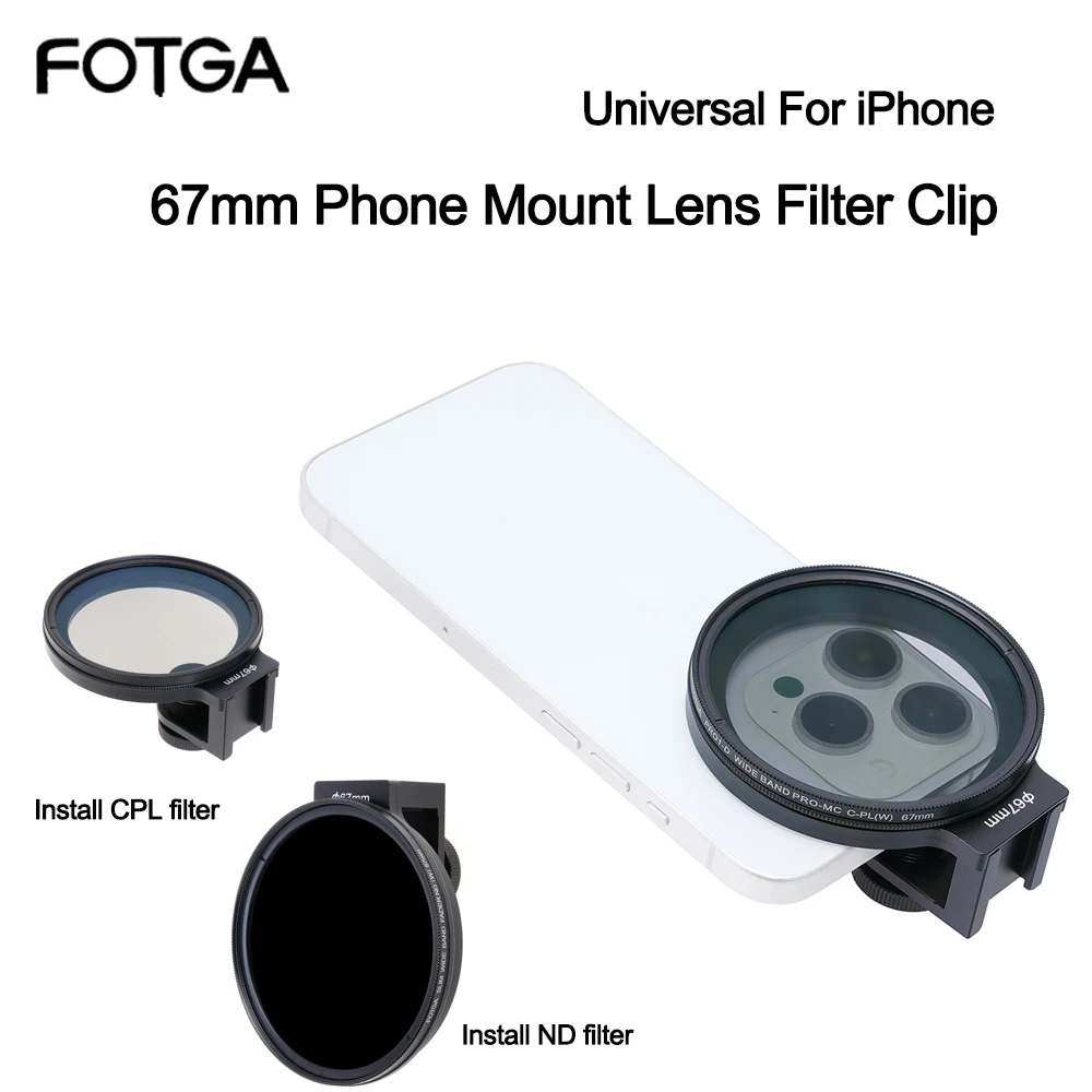 FOTGA 67mm Metal Phone Filter kit Cold Shoe Mount Lens ND CPL For iPhone 14 15 16 Pro Max Phone Filter Ring Easy Install Removal