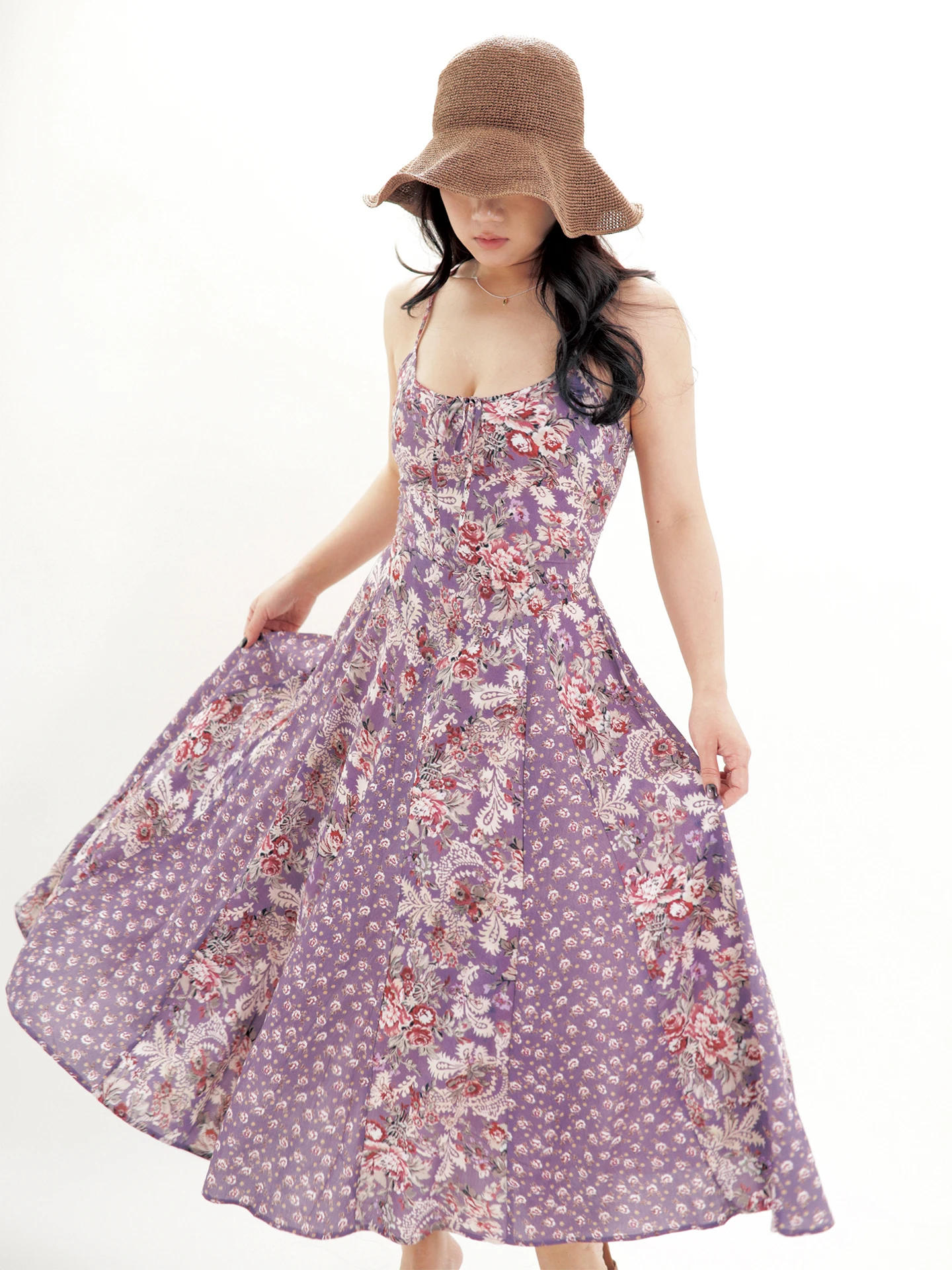 

High Waist Floral Print Patchwork Maxi Skirt Cross Strapless Purple Series Dress Bohemian Style A-Line Gown for Women