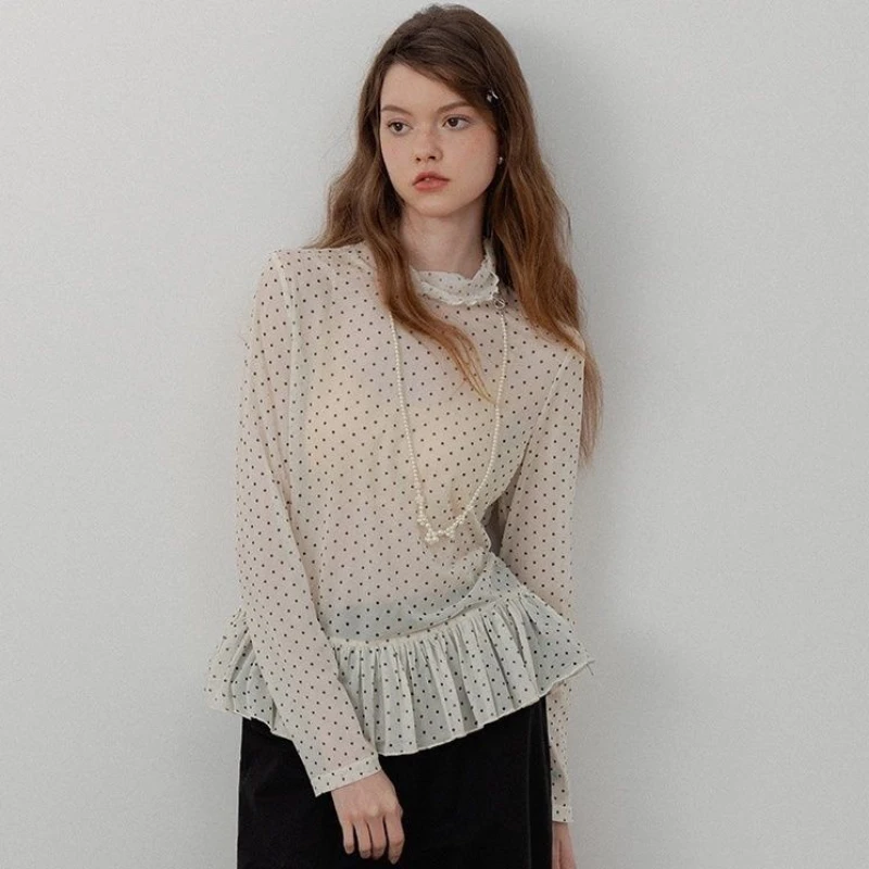 

Polka Dot Print Ruffle Mesh Blouse Women 2025 New Niche Chic Overlap Base Chiffon Tops Sweet Casual Long Sleeve Shirt