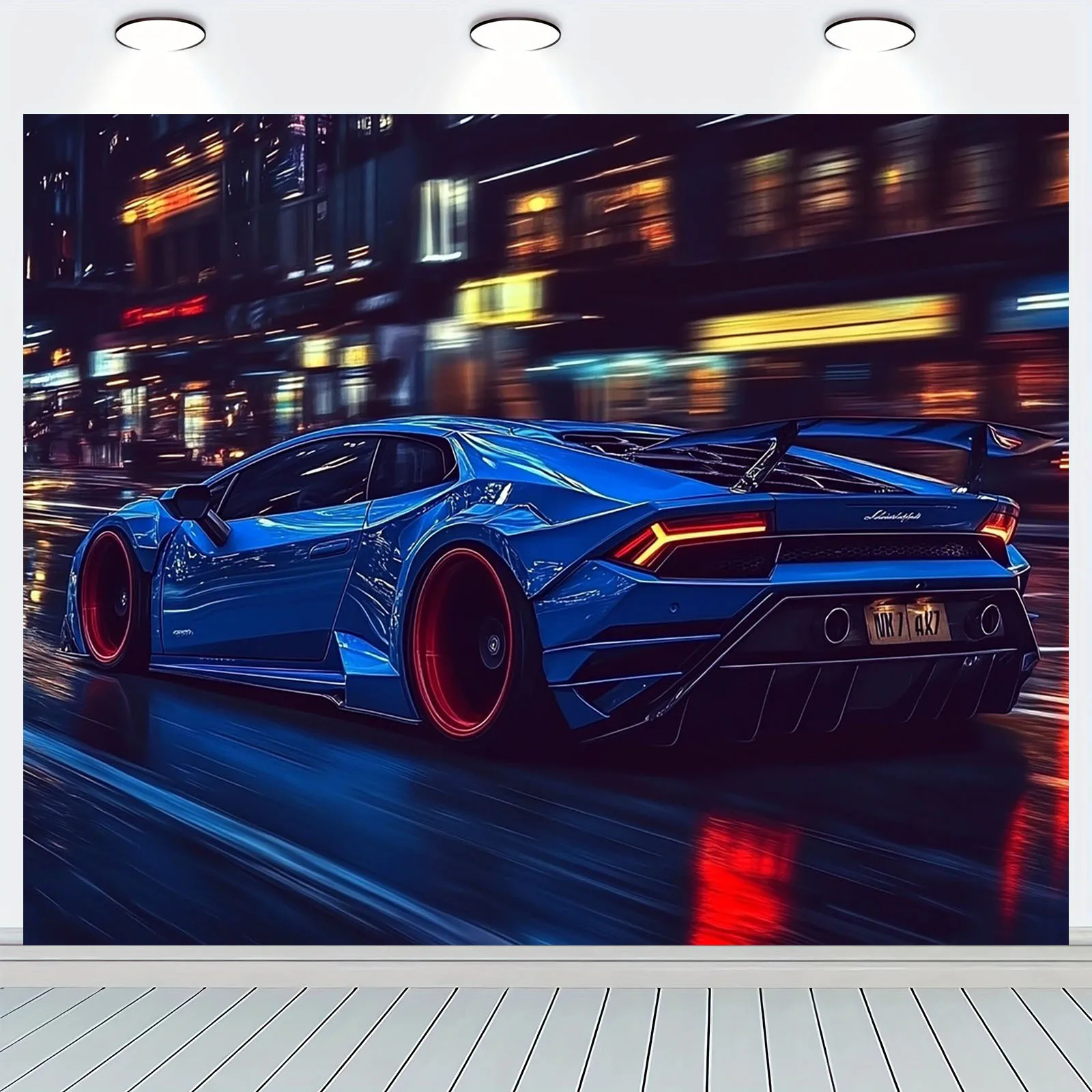 1 Stück blauer Sportwagen bei Nacht mit Wandhintergrund – energiegeladenes Partybanner, Heimdekoration
