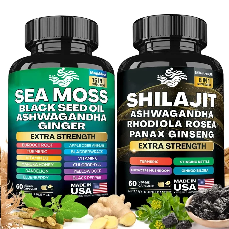 The Seaweed+shilajit Two-piece Set Includes 180 Capsules Of Black Seed Oil, Turmeric, Etc.,providing 8-in-1 And 16-in-1 Formulas