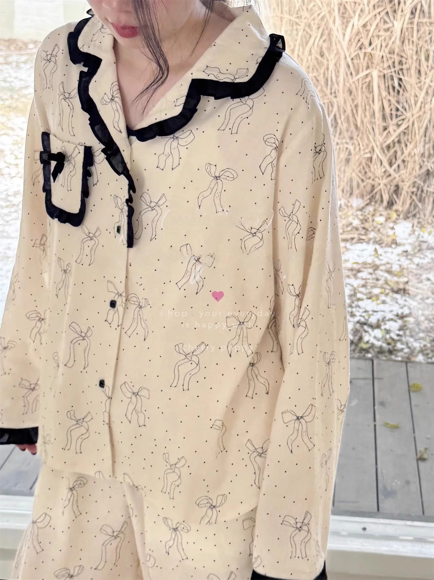 

Korean Style Sweet Knot Cloud Cotton Long Sleeve Sleepwear Women's Spring Autumn New Small Fragrance Home Clothes Set