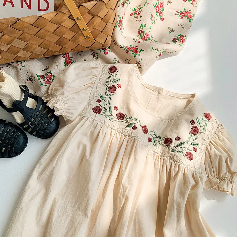 French Embroidered Floral Girls' Dress2025Summer New Stylish Short Sleeve Baby Girl Dress Direct Supply