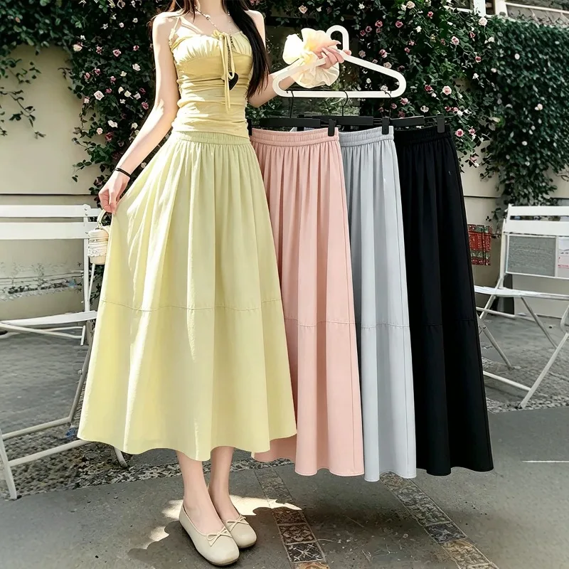 2026 New Summer Women's Ice Silk Midi Skirt, High Waist Flowy Tiered A-Line Umbrella Skirt with Pockets