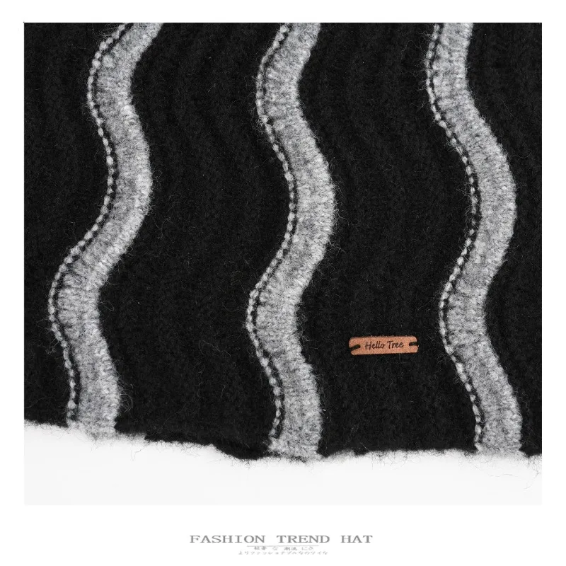 Japanische Strickmütze mit plissiertem Wellenmuster für Herren und Damen, Herbst- und Wintermode, Farbblockierung, warme Mütze – Detail 6