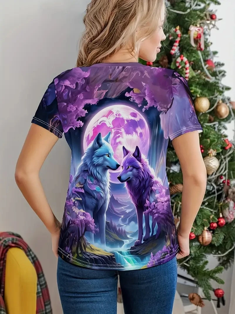 Ladies PLUS Size 3D Wolf Pattern Printed T-shirt, Loose and Casual, Soft,comfortable and Breathable, Suitable for Outdoor Sports