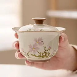 Chinese Handmade Ceramic Gaiwan Teacup Hand-painted Flowers Tea Tureen Travel Tea Bowl Porcelain Tea Set Accessories