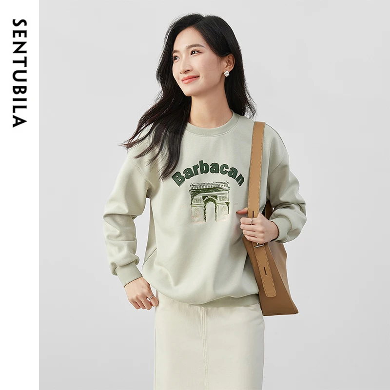 SENTUBILA Cotton Embroidery Woman Sweatshirts Autumn Winter Loose Casual Printing Knitted Warm Outerwears 2024 New 144A57687