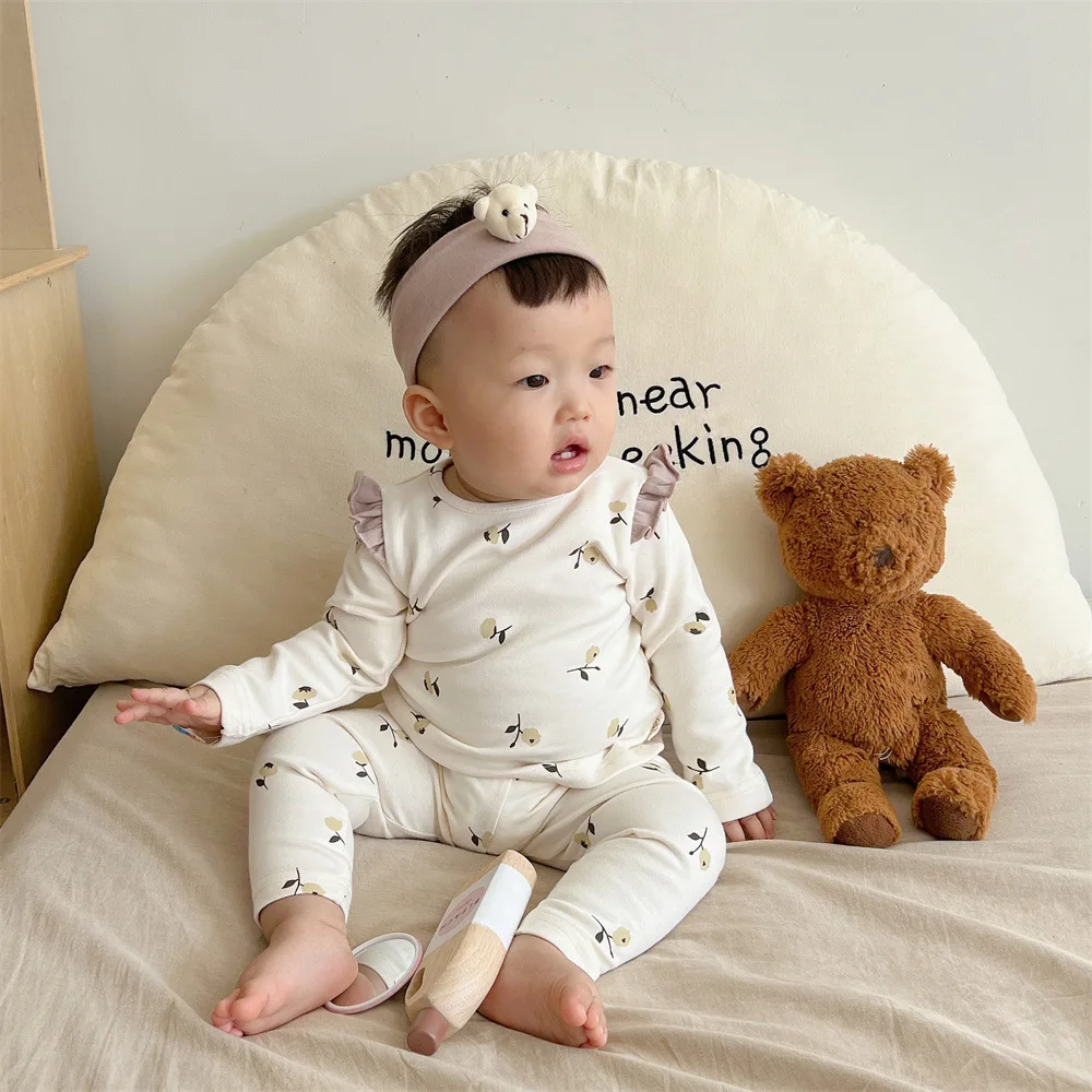 

2024 Autumn New Baby Home Clothes Set Infant Cute Fly Sleeve Tops + Pants 2pcs Suit Cotton Long Sleeve Baby Girl Outfits 0-24M