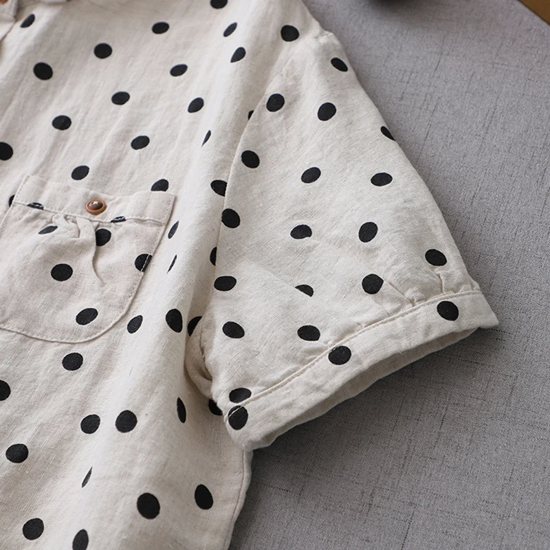 2024 New Spring Summer Dot Cotton Linen Blouse Shirt  Button Elegant Office Ladies Women Casual Loose Tops Temperament Blusas