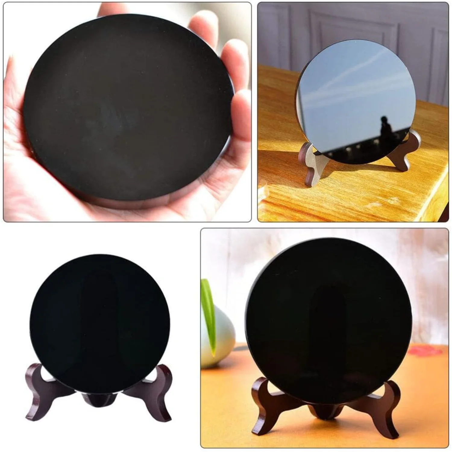 1 Set Natural Black Obsidian Stone Circle Disc Round Plate Feng Shui Mirror with Stand Black Obsidian Scrying Mirror for Meditat