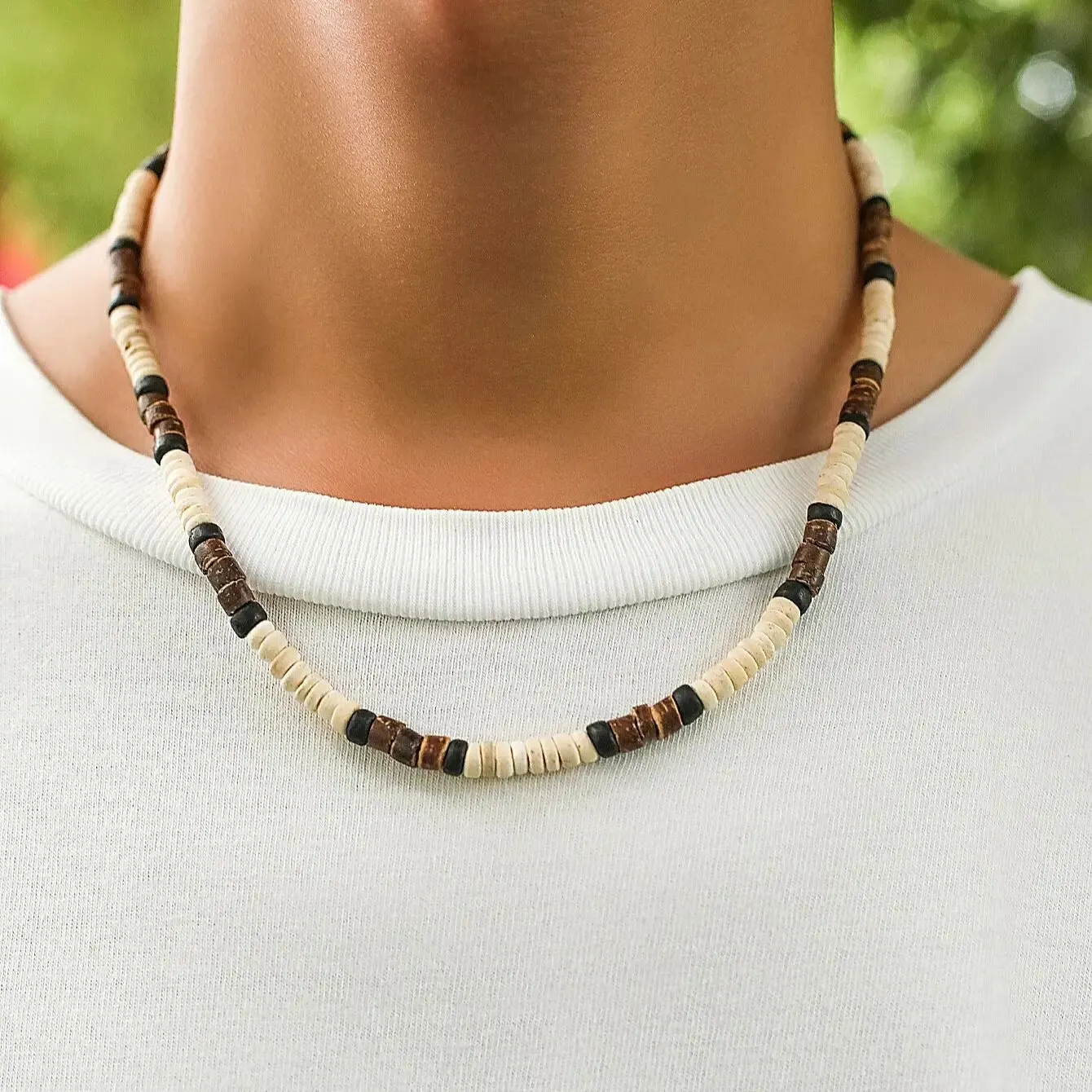 Fashion Men Summer Beach Wooden Bead Surfer Necklace Simple Geometric Tribal Ethnic Handmade Chain Steampunk Male Jewelry Gift