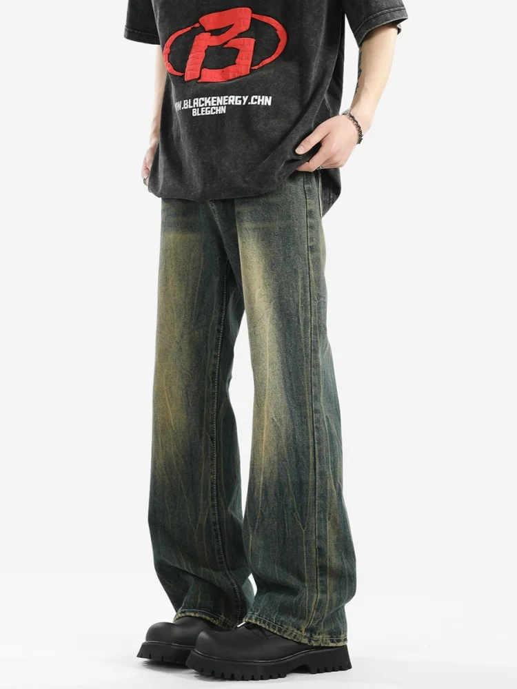 

Retro Blue Men's Jeans Spring American High Street Lightning Pattern Heavy Waed Flared Wide Leg Pants Versatile Loose Fit