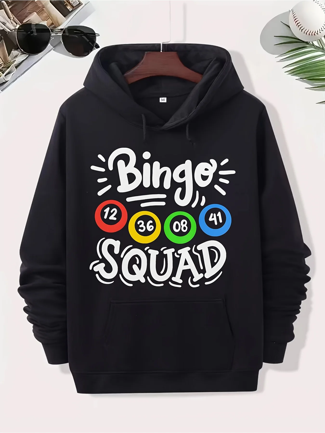 

Мужская толстовка с капюшоном в стиле ретро Bingo Squad - черный хлопковый модный пуловер с яркими шариками и принтом, повседневный модный пуловер с длинными рукавами