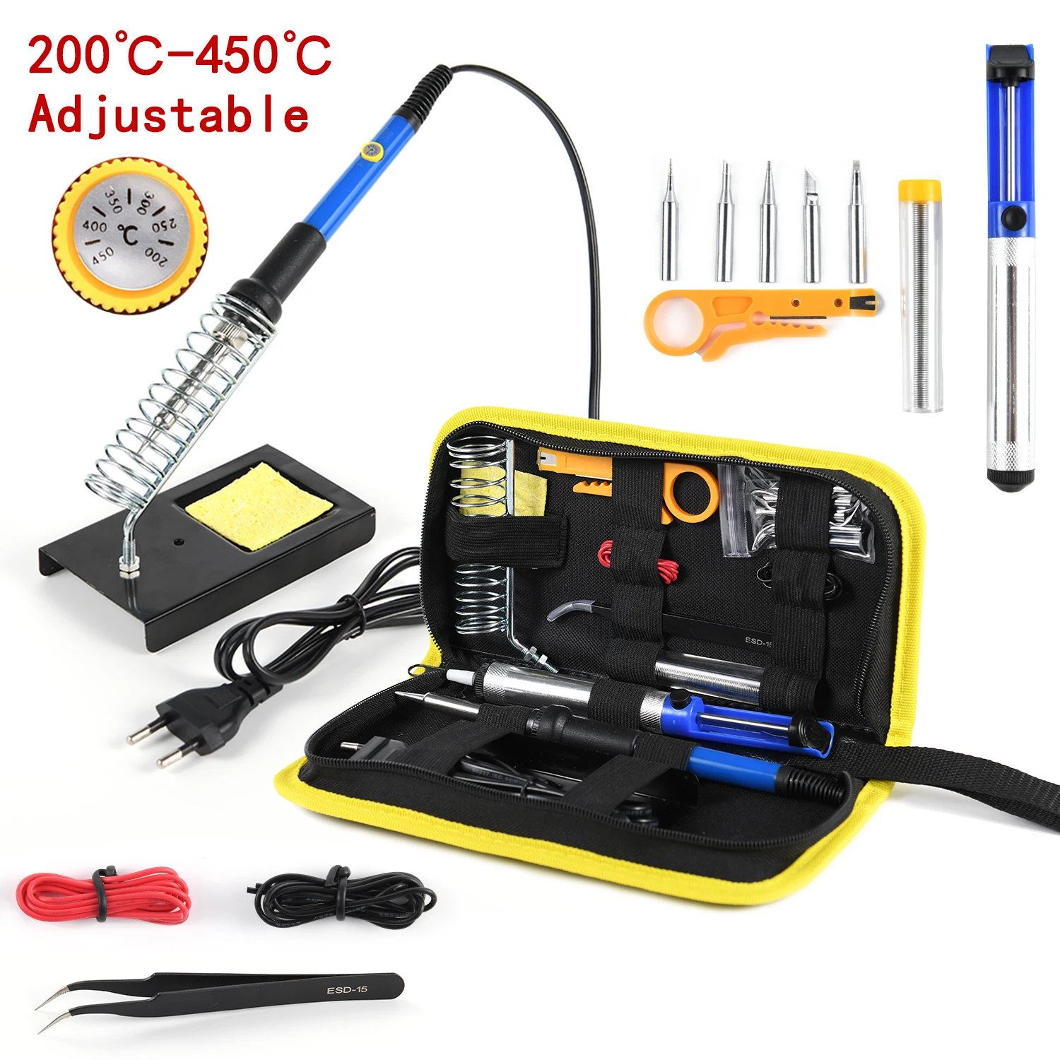 

Набор для пайки 15 предметов, 220В, 60Вт, модель 450 ° Набор инструментов для пайки с регулируемой температурой, с отсосом для припоя и оловянной проволокой, вилка стандарта ЕС