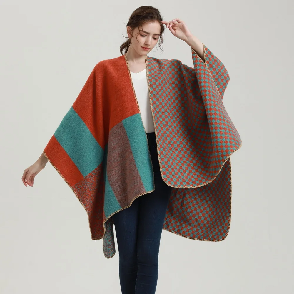 Color Matching Plaids Acrylic Cashmere Cape Wraps Outerwear Women Autumn Winter Long Split Poncho Shawl Leisure Travel Cloak