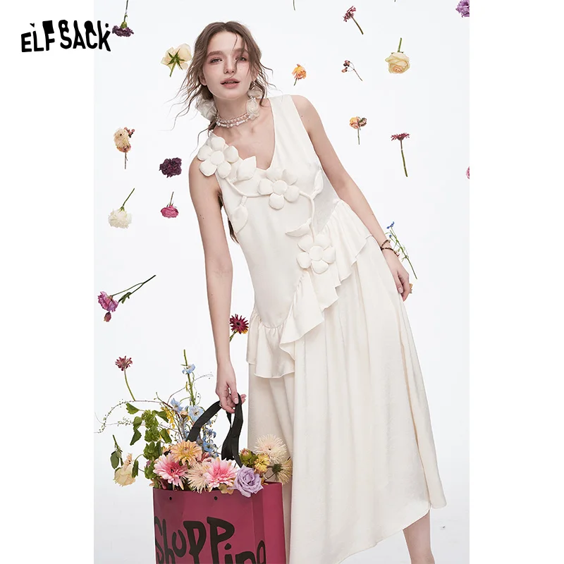 

ELFSACK 2025 Spring New Arrivals Vacation Elegant White Flower Sleeveless V-Neck Dress for Women