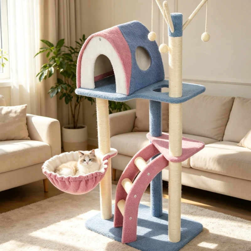 Multilevel Cat Tree with Sisal Scratching Posts Hanging Bed and Cozy Condo for Indoor Cats Activity Play Furniture