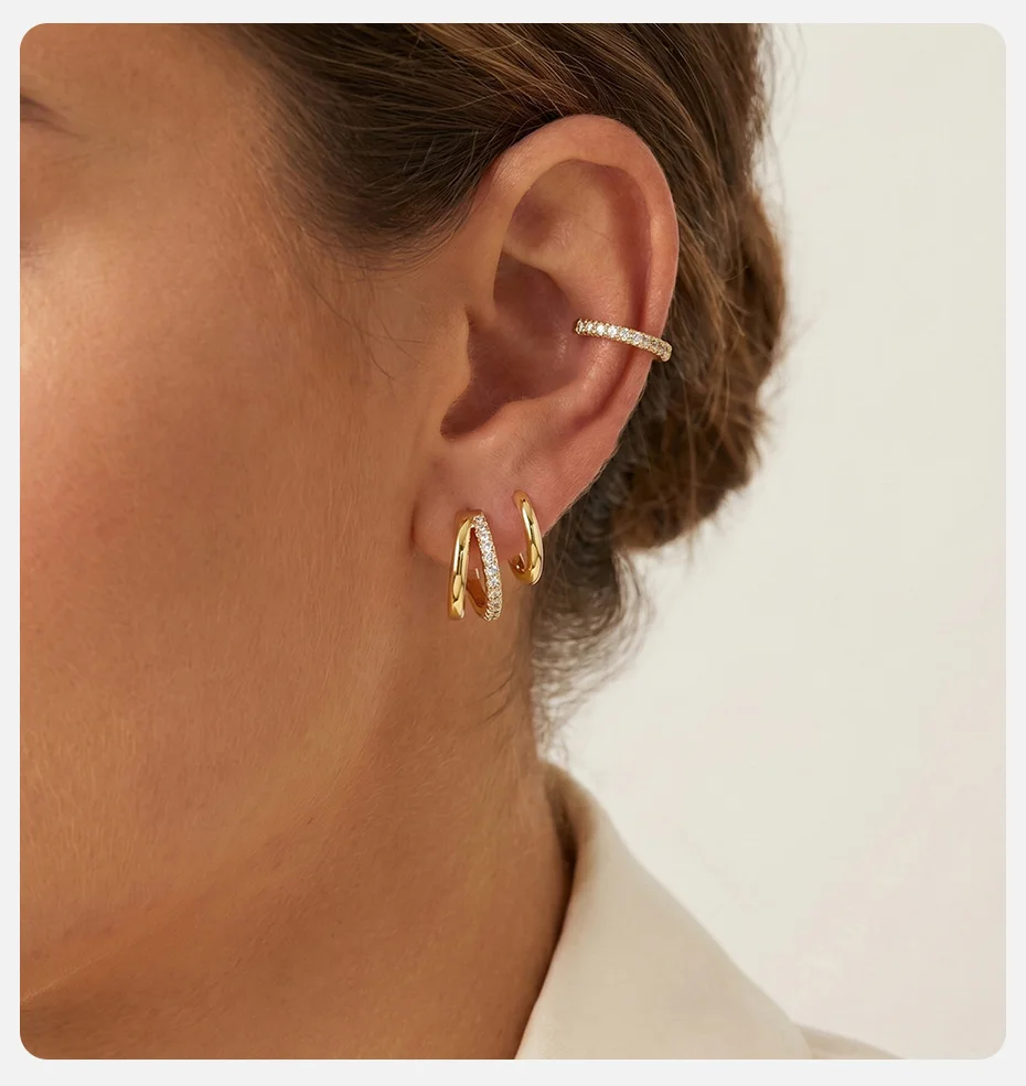 Vnox Elegantes Creolen-Set für Damen, vergoldet, glänzende Zirkon-Ohrstecker, C-förmige Ohrklemme, Statement-Schmuck für trendige Partys – Detail 4