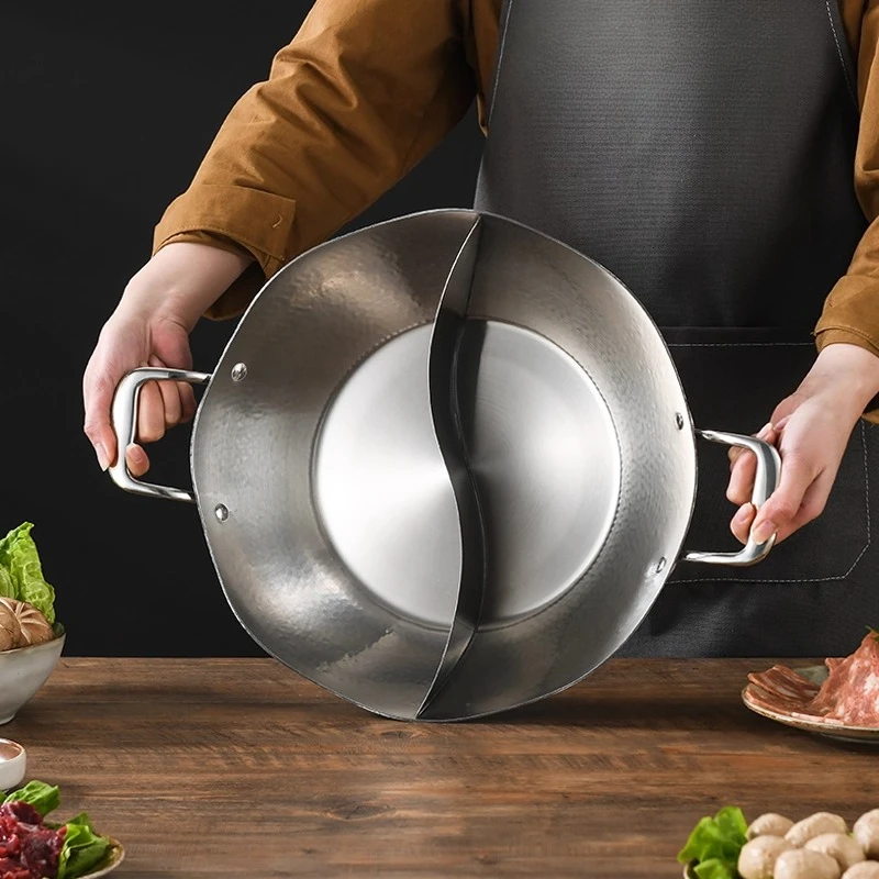 

Горячая кастрюля с двойным вкусом из нержавеющей стали 304, кованая отделка, индукционная совместимость, толстый корпус, легко чистящаяся двухтоковая конструкция