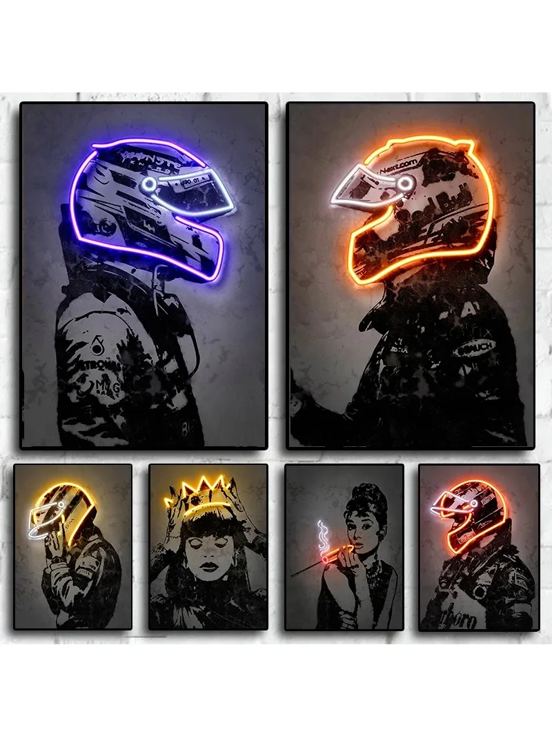 Affiche de course F1 des années 80, décoration de joueur de basket-ball de Football de sport automobile esthétique, toile imprimée pour Art mural, décor de salle d'étoile néon