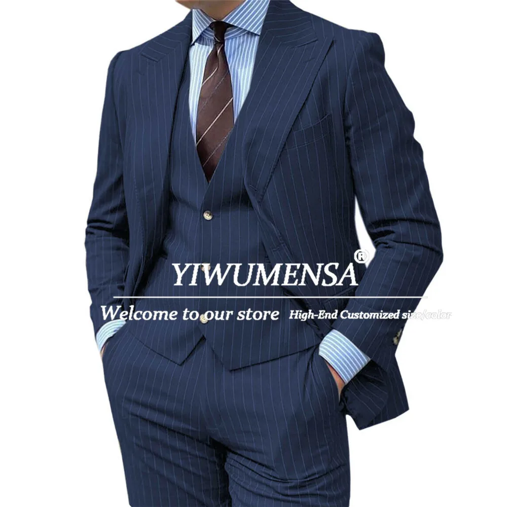 

Classic Stripes Suits Men 3 Pieces Sets Single Breasted Business Blazers Customized Groom Evening Party Tuxedos Costume Homme