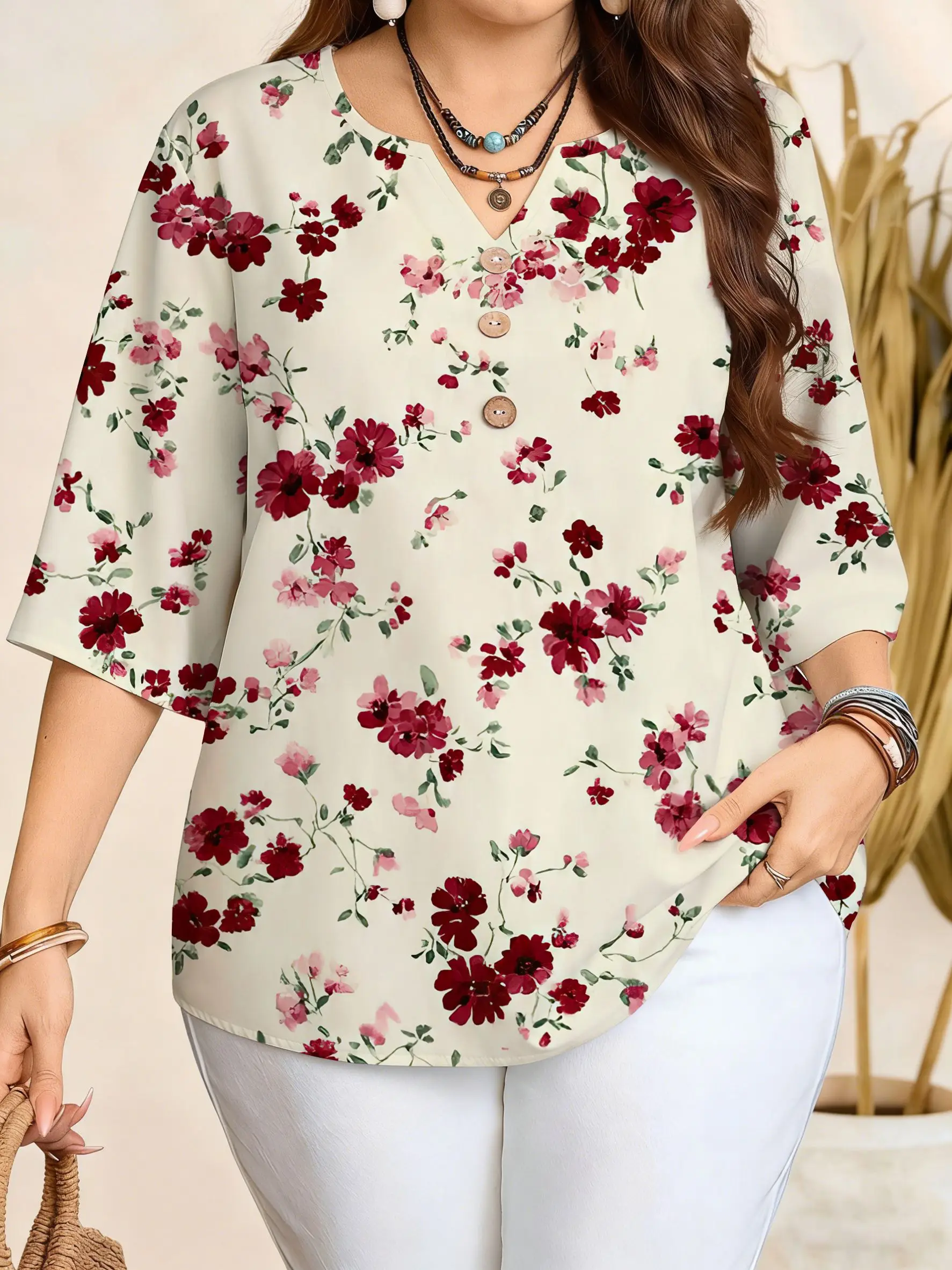 Plus Size Notch V Neck Blouse 3 Decorative Buttons 3/4 Sleeve Vintage Botanical Floral Print Loose Casual Women Summer Top